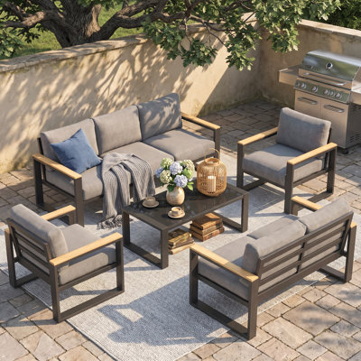 Ensembles de mobilier de patio tout en aluminium avec sièges surdimensionnés, ensemble de mobilier d'extérieur pour toutes les saisons, ensembles de conversation d'extérieur avec accoudoirs en bois doux au toucher