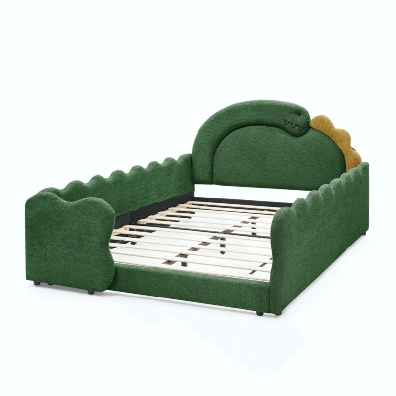 Lit mignon en forme de dinosaure avec barrière de sécurité, cadre de lit en bois massif pour chambre à coucher, tissu bouclé