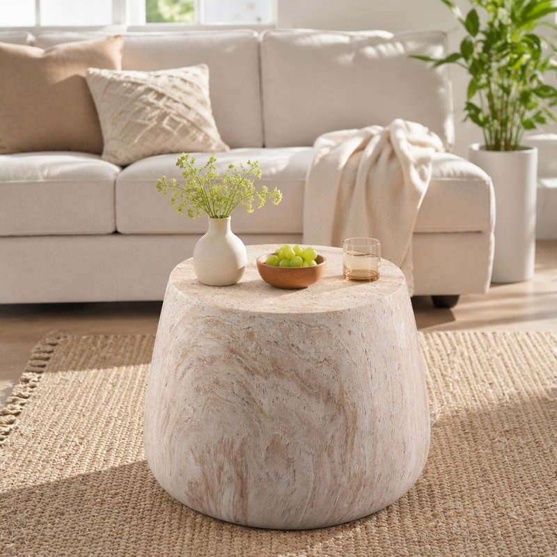 Table basse décorative en forme de tambour, table basse ronde en faux travertin MgO, table décorative intérieure et extérieure pour la cour du salon