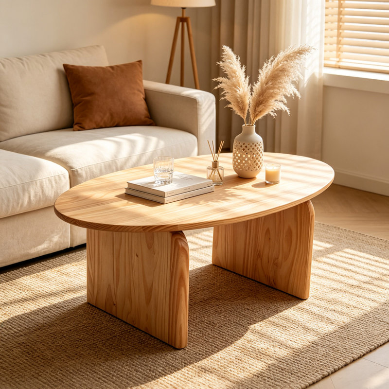 Table basse ovale moderne, table centrale en pin massif avec pieds incurvés et finition naturelle pour salon