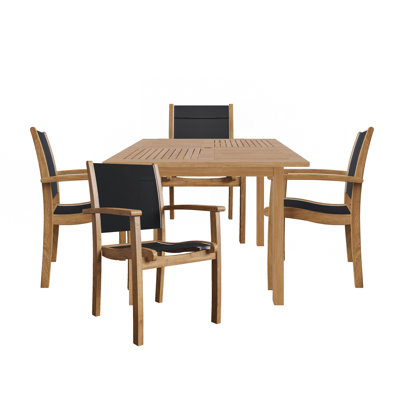 Ensemble repas d'extérieur carré en teck 5 pièces avec fauteuils empilables Flem