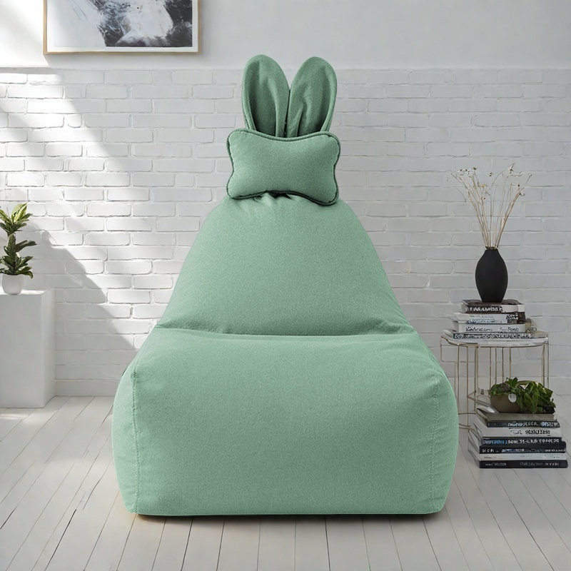 Simple and cute rabbit bean bag sofa, 33.46" H x 23.62" W x 27.55" D, Green Linen Blend