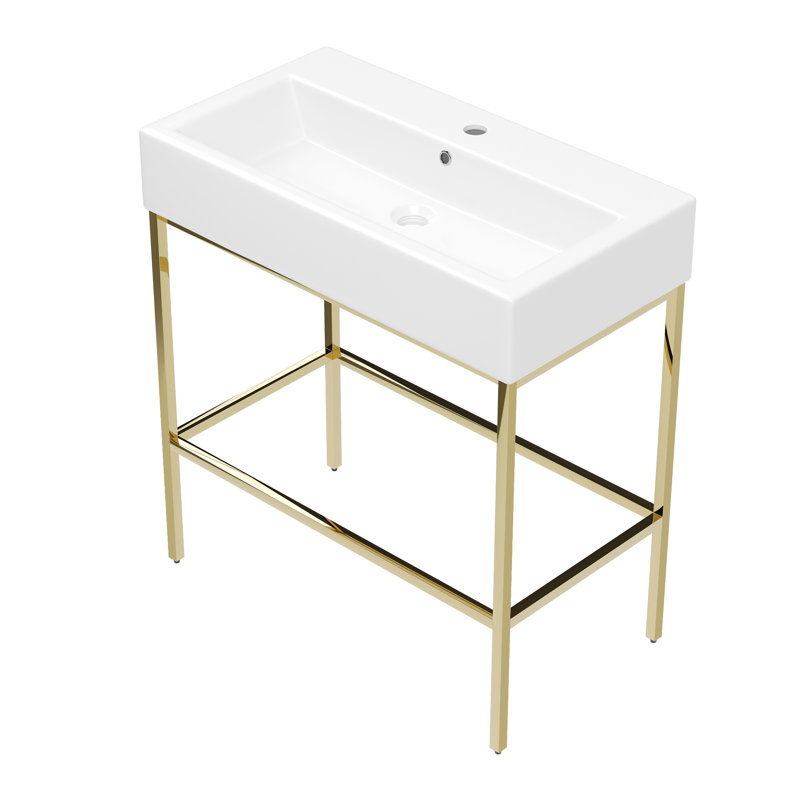 White Ceramic Console Sink with Gold Stainless Steel Frame