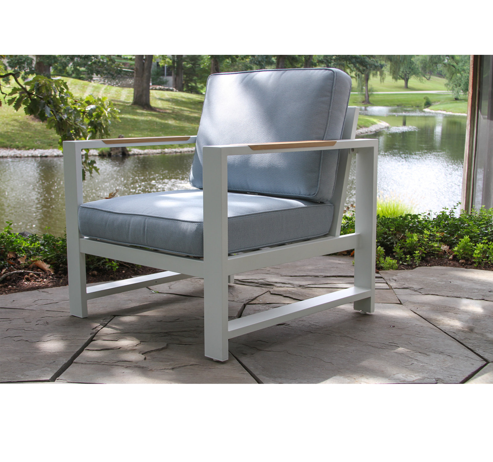 Jayton 8-Person Patio Seating Group, Blue Cushion/White Frame, 5 Pcs: Table, 4 Chairs