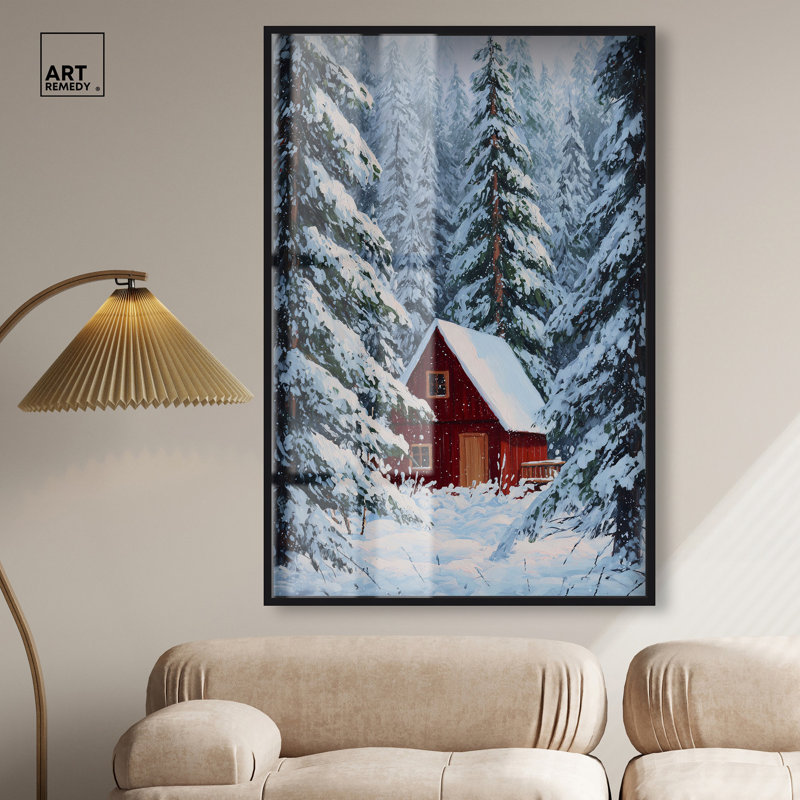 Décoration de Noël rouge Cabin dans la neige Shadowbox par Art Remedy, cadre noir, 11 x 16, H 55 po x l 37 po