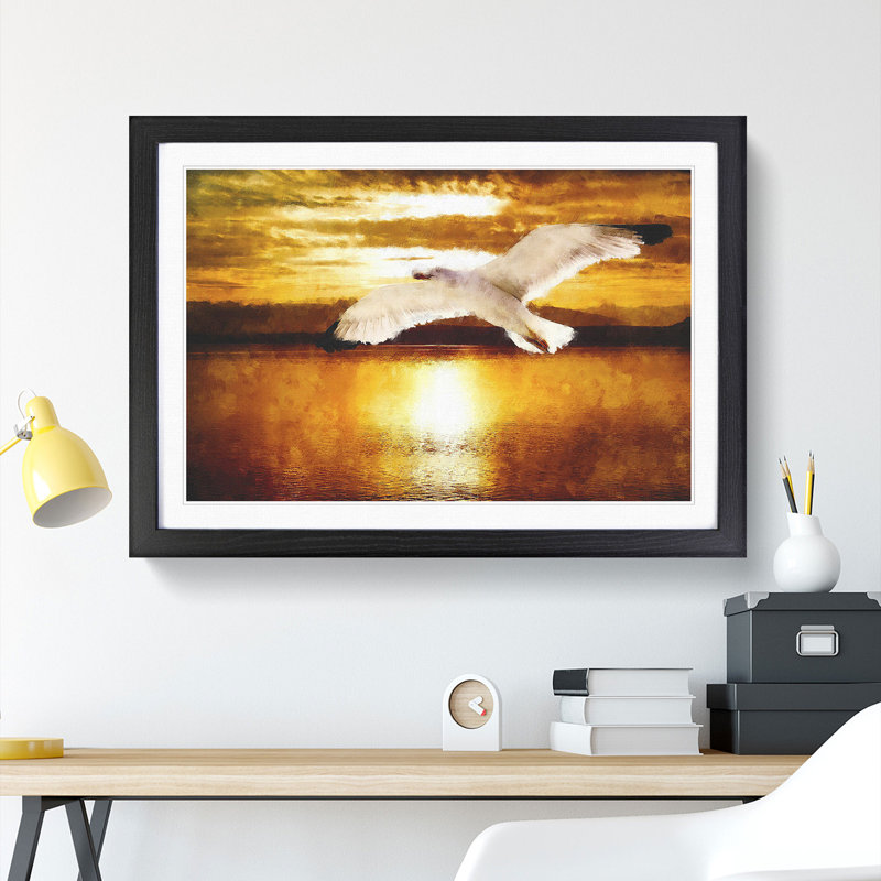 Seagull and Orange Sunset Vol.1 - Picture Frame Graphic Art, Black Framed, 36cm H x 48cm W x 2cm D
