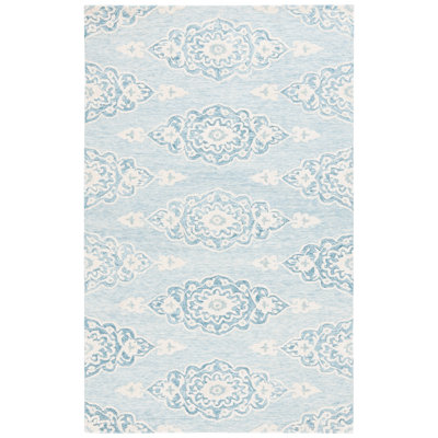 Ebony Hand Tufted Wool/Cotton Southwestern Rug in Ivory/Light Blue