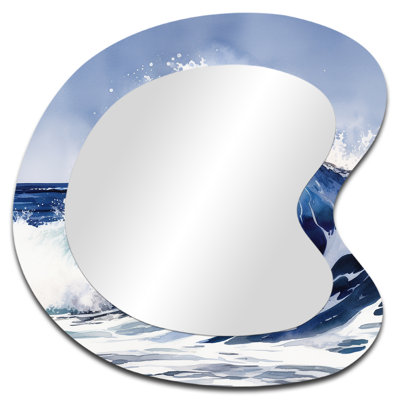 Gerica Ocean Wave Movement V - Beach Asymmetrical Wall Mirror, Blue Irregular Shape Decorative Mirror, Printed Metal Art
