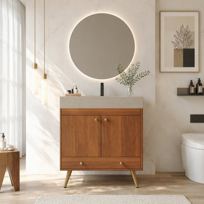 Meuble-lavabo sur pied de style Mid-Century avec dessus en faux marbre et lavabo en céramique