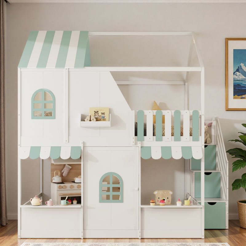 Wooden House Bunk Bed With Storage Staircase, Open Storage Platforms, Additional Shelf, Roof, Cute Windows And Center Door