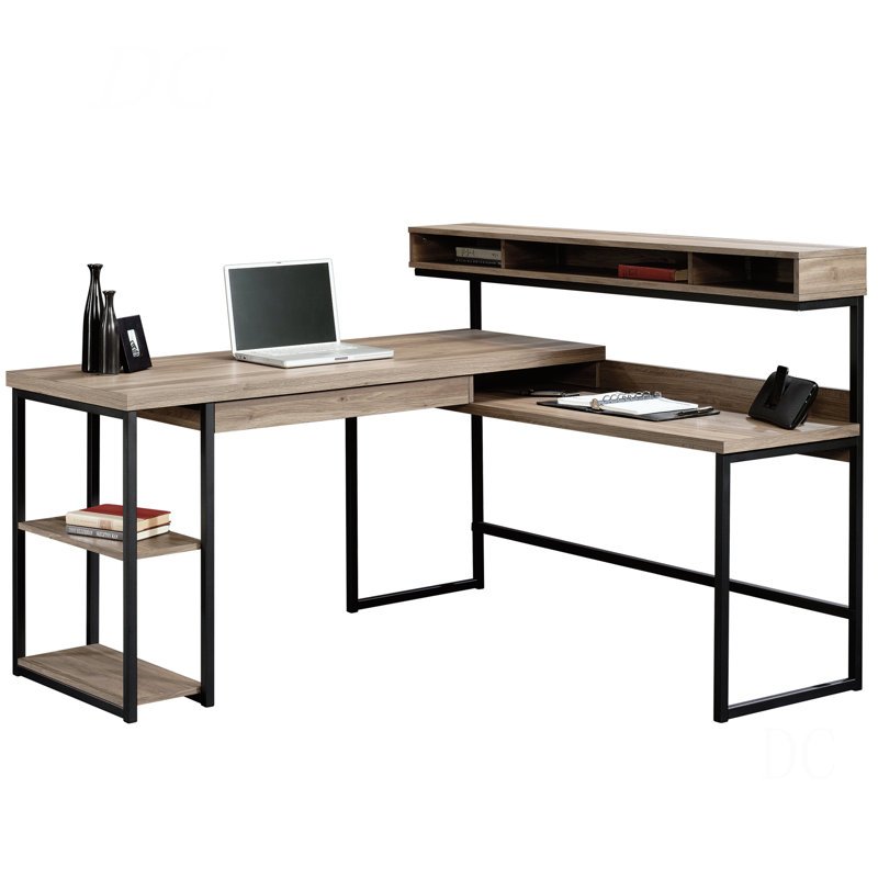 Bureau industriel en forme de L avec tablette à casiers surélevée, finition brune