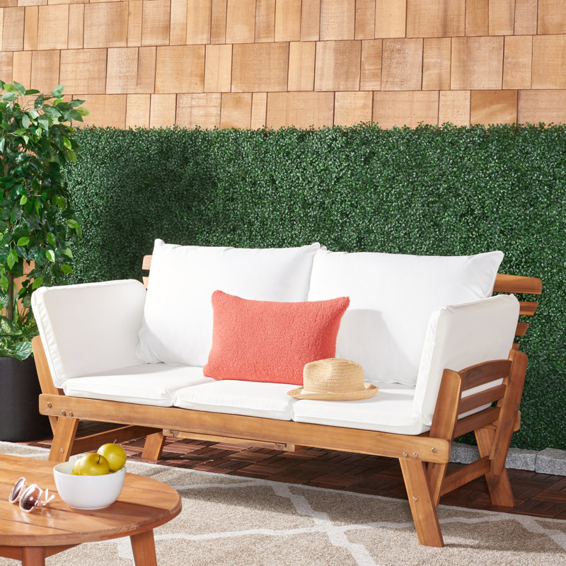 Stockbridge 73.82'' Wide Straight Acacia Patio Daybed with Cushions, Natural, White