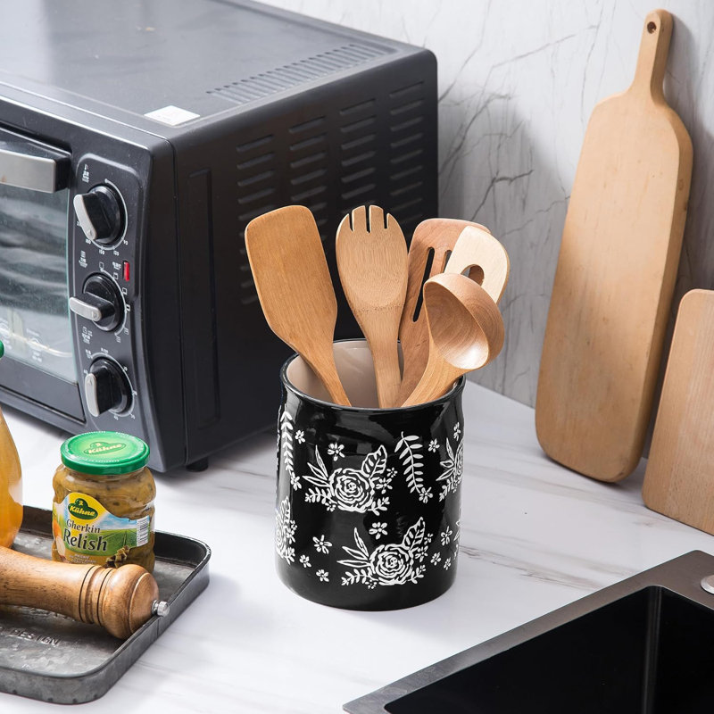 Black Floral Porcelain Cylinder Utensil Crock