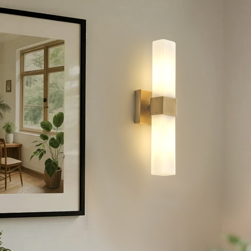 18.5" Modern 2-Light Wall Sconce, Polished Brass with White Glass Shade, Dimmable, ETL Listed