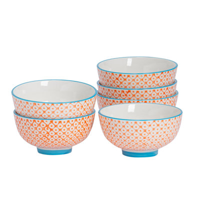 Nicola Spring - Hand-Printed Rice Bowls - Orange - Set of 6