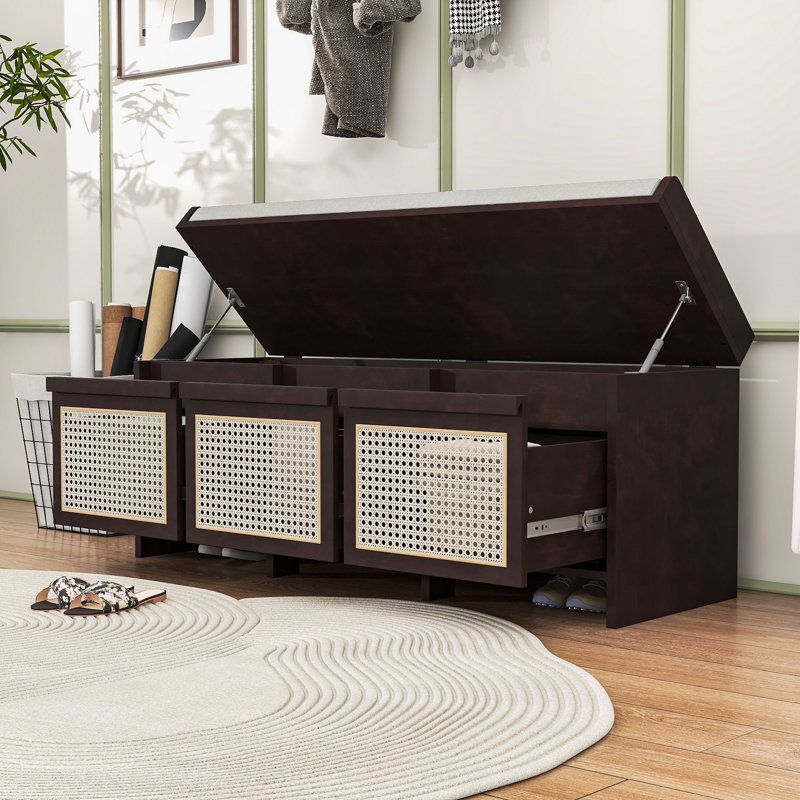 Banc de rangement pour hall d'entrée rétro avec 3 tiroirs en rotin, rangement dissimulé à plateau relevable et coussin rembourré amovible pour le couloir