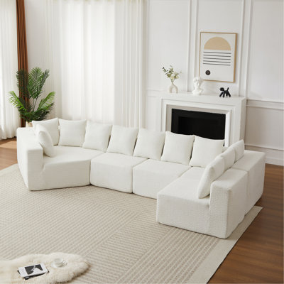 [Vidéo] Canapé modulaire en L de 150,6 pouces avec siège profond et canapé en L modulaire à assise profonde comprenant 11 coussins inclinables incurvés sur le plancher sans assemblage requis Beige