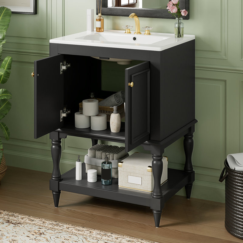 Bathroom Vanity with Sink, 2 Doors and open shelf, Black/Gold