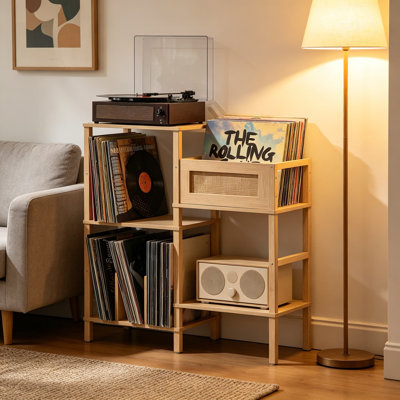 Support pour tourne-disque, support pour disque vinyle en bois de chêne naturel avec rangement en rotin, table média à 3 niveaux pouvant accueillir plus de 300 albums, meuble de rangement pour disque pour salon