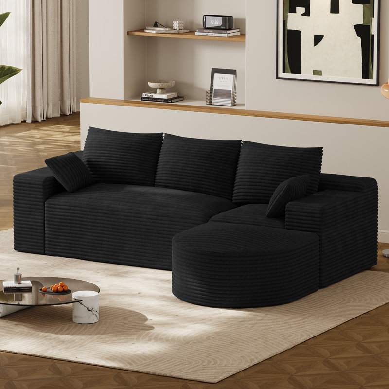 Canapé modulaire en L avec repose-pieds incurvé en forme de L, Black, L-Shaped