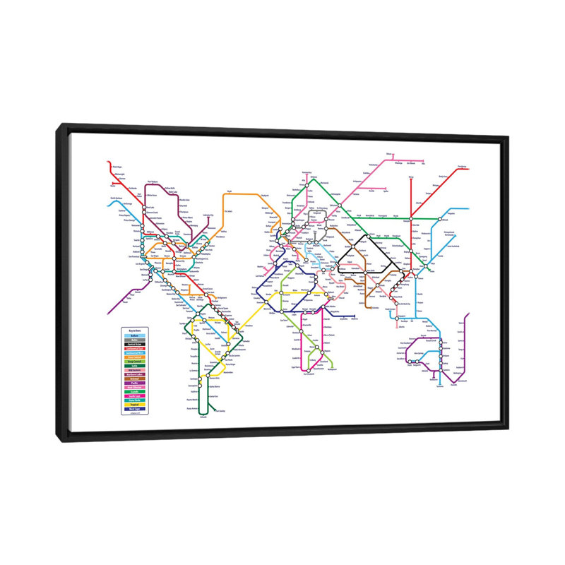 «World Metro Tube Map» par Michael Tompsett, impression sur toile, H 18 po x l 26 po x P 1,5 po, Toile avec cadre noir