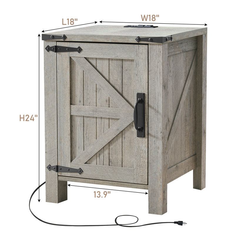 Clairese 24'' Tall  Farmhouse End Table With Charging Station, Wood Nightstand With Adjustable Shelf, Built-In Outlets