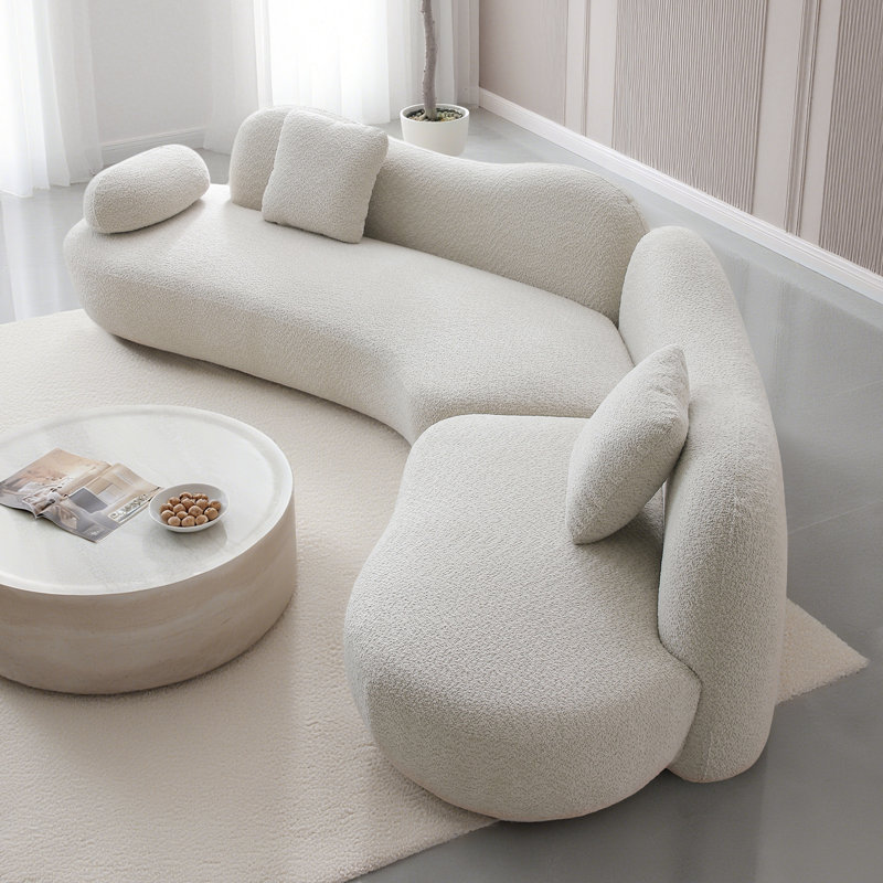 128" Modern Curved Sectional Sofa, Butterfly Backrest, Boucle 5-Seater With 3 Pillows, Solid Wood Frame & Steel Springs