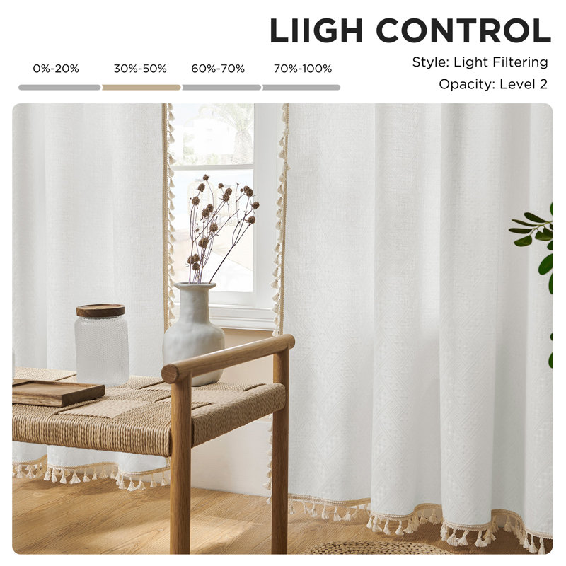 Bohemian Farmhouse Super Soft Tassel Semi-Sheer Curtain Panels (Set of 2), 52" W x 84" L, White