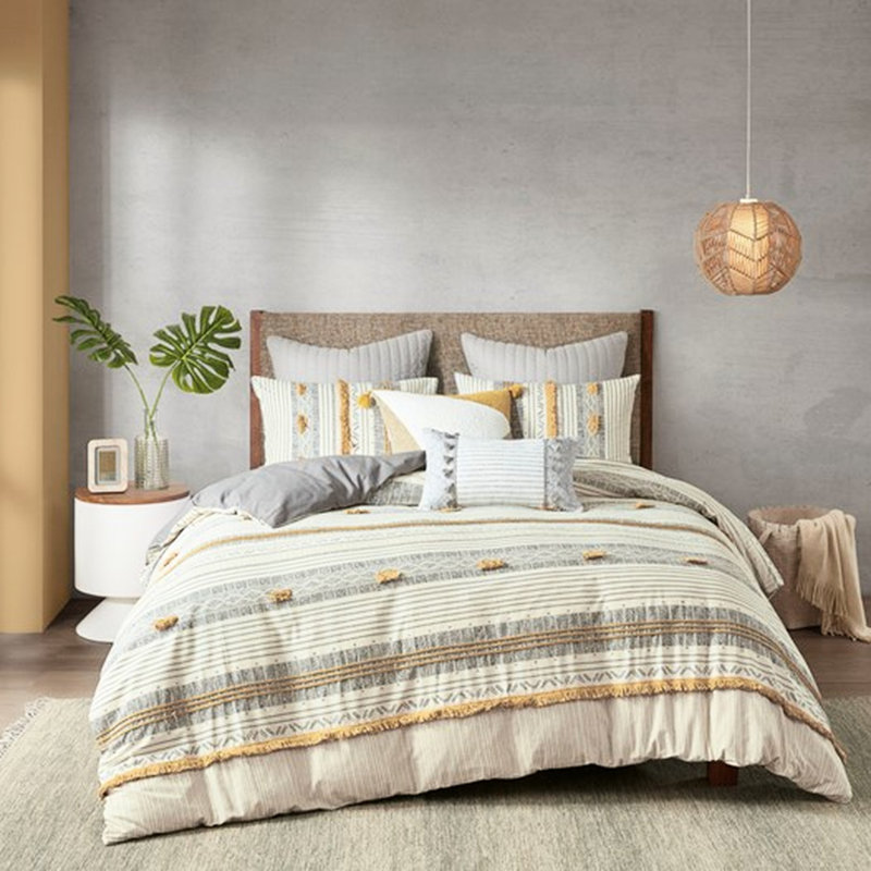 Literie en coton à rayures grises et jaunes, Housse de couette pour grand lit et 2 taies décor