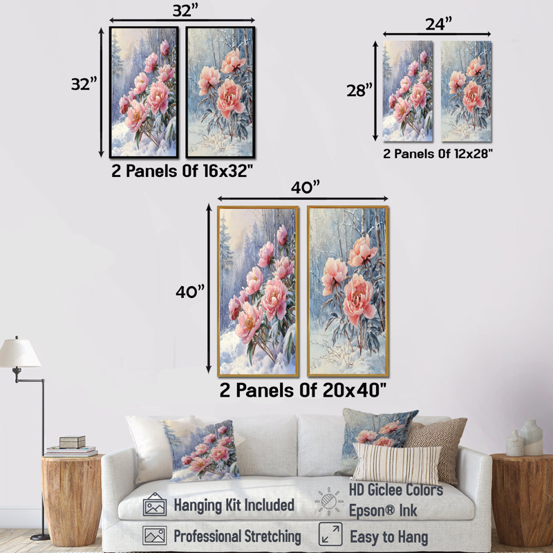 Hiver, pivoines glacées dans la forêt I - Art mural floral, collection 2 panneaux, H 40 po x l 41 po, Cadre flottant brun