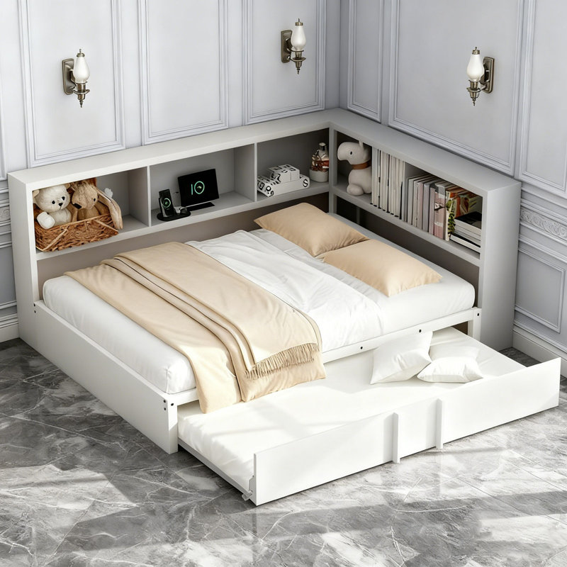 Daybed with Trundle, Storage Cabinets and USB Ports, White