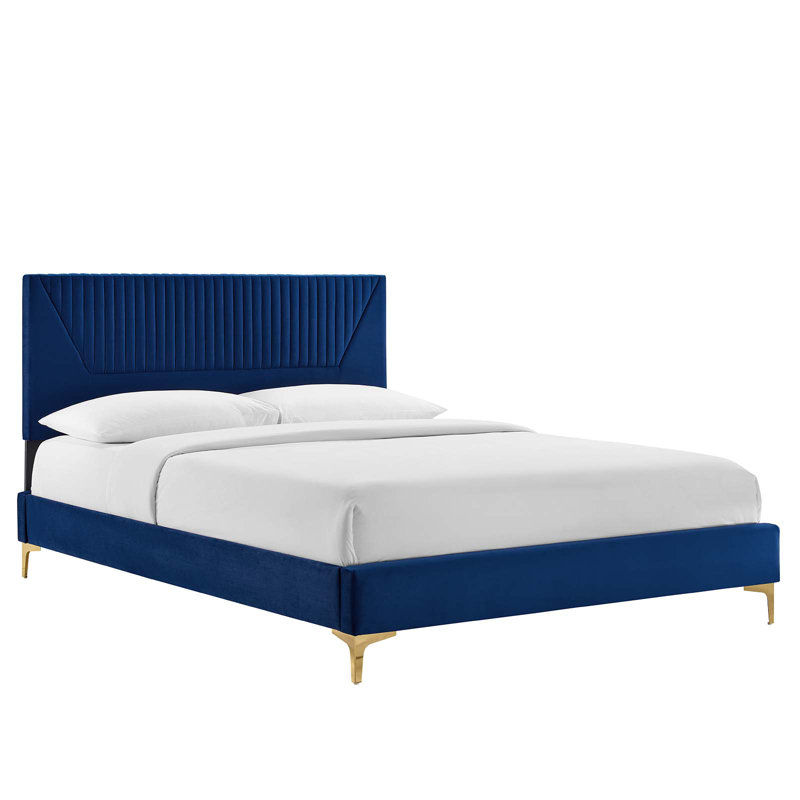 Modway Yasmine Channel Tufted Performance Velvet Platform Bed, Queen, Navy