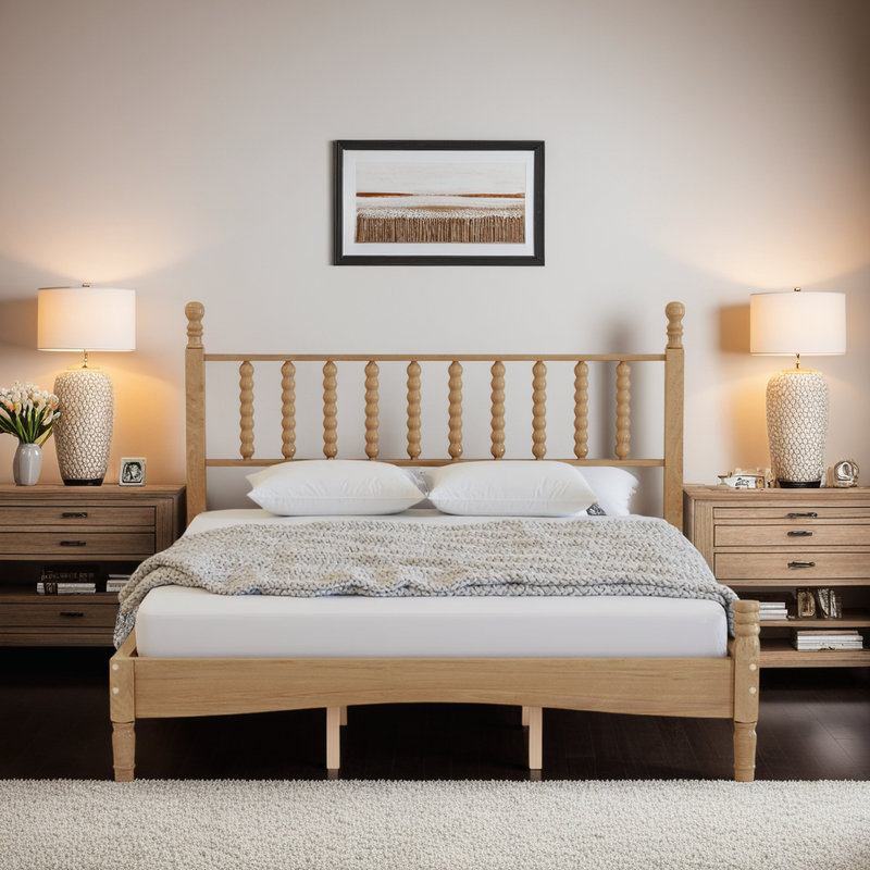 Lit plateforme rétro en bois naturel avec tête de lit gourde