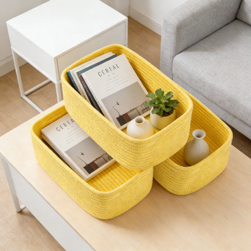 Small Woven Storage Basket Set Of 3, Handwoven Natural Cotton Rope Organizer Bins With Handles For Shelves, Closet, Nursery, And Home Decor