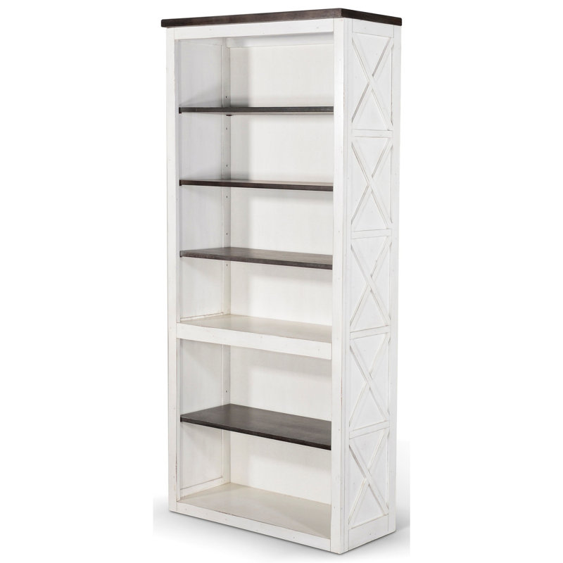 Bibliothèque Zena, X panneaux croisés, 76 pouces blanc, placage brun, (6 tablettes) H 75,5 po x l 34 po x P 14 po