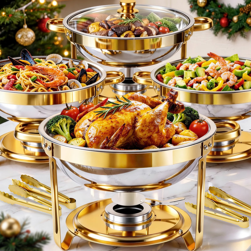 Ensemble de 4 chafing dishes ronds en acier inoxydable plaqué or de 6 pintes avec couvercles en verre – Service de buffet et de fondue haut de gamme pour fêtes, buffets, mariages et anniversaires – Lot de 4