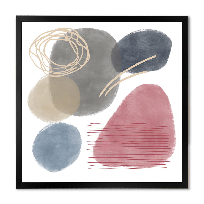 Éléments abstraits rouges, bleus et gris organiques - Peinture sur toile, H 16 po x l 16 po x P 1 po, Cadre noir