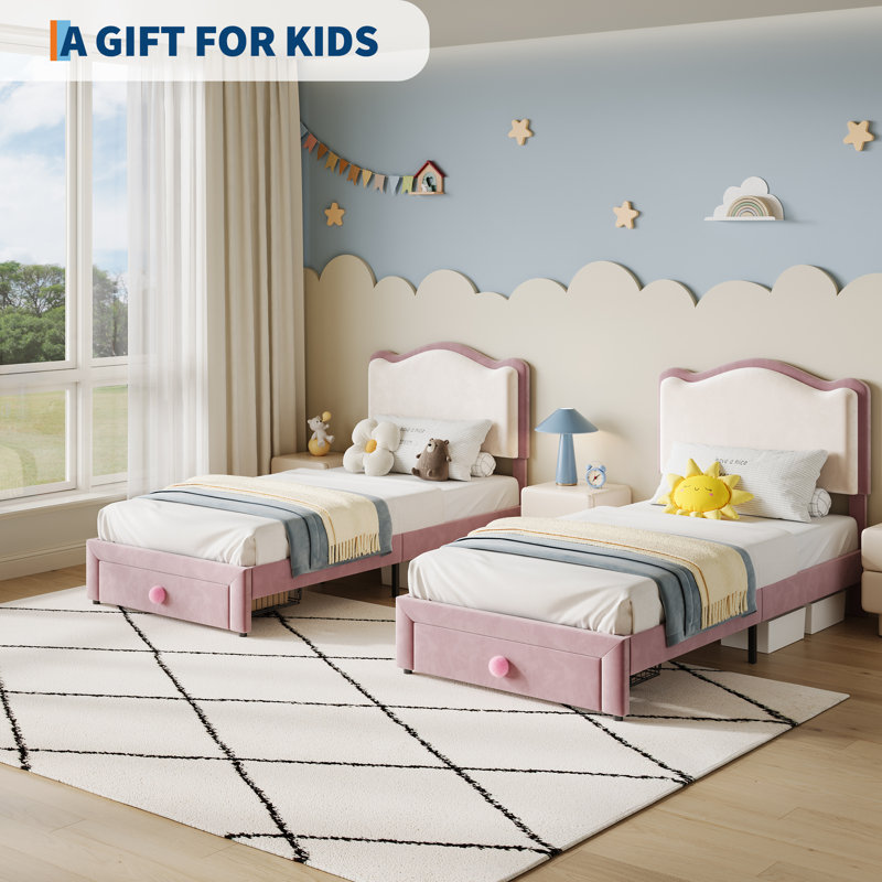Upholstered Kids Bed Frame, Toddler Platform Bed with Headboard and Storage Drawer, Pink