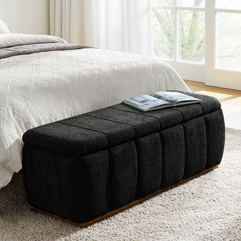 Vanesa 50.5"W Modern Chenille Fully Assemble Upholstered Filp-Top Storage Bench With Solid Wood Base, Black