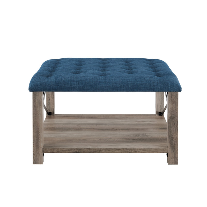Repose-pieds cocktail carré capitonné de 30 po de largeur avec rangement Grube, Bleu, Gris