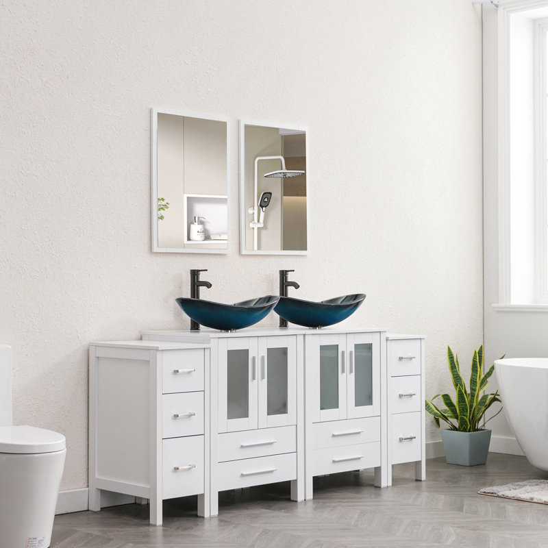 Meuble-lavabo double autoportant de 72 po avec plateau en verre et miroir Base color: BlackSink color: Blue, Bleu, Blanc