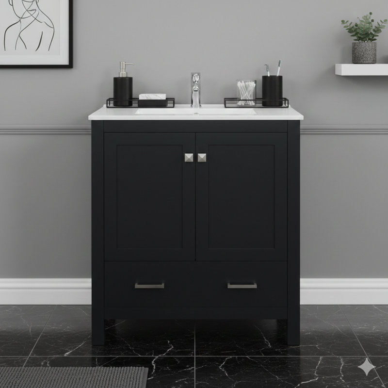 Ensemble de meuble-lavabo noir de 60 pouces avec deux meubles-lavabos séparés, deux lavabos en céramique, une tablette de rangement et des tiroirs séparés (miroir non inclus) - une solution de salle de bain contemporaine pour les grandes salles de bain