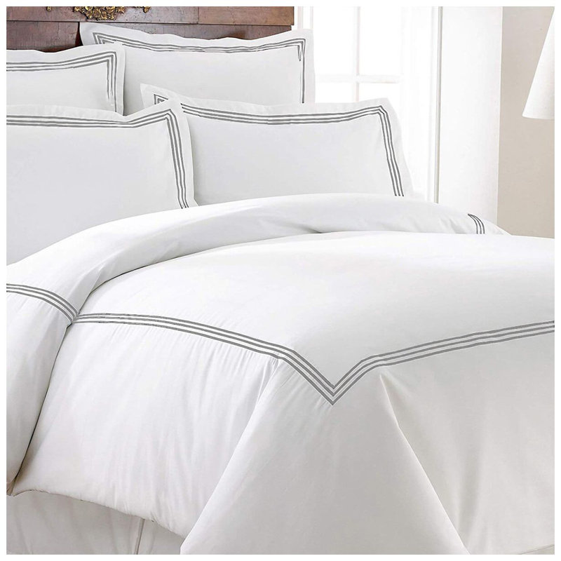 400TC Cotton Triple Embroidery Sateen Solid Duvet Cover Set, White/light Grey, Twin/Twin XL Duvet Cover