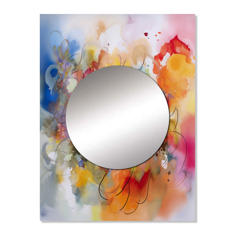 Plaire bleu, jaune et orange tourbillons colorés VI - miroir mural décoratif minimaliste, miroir moderne, art imprimé en métal