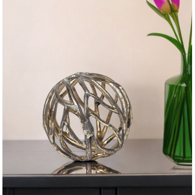 7" Antiqued Gold Rustic Tree Branch Aluminum Orb Tabletop Sculpture