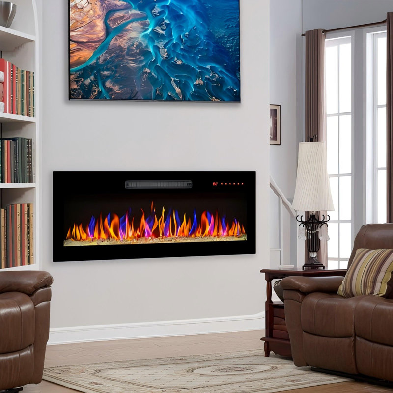36'' Recessed & Wall Mounted Electric Fireplace, Thin Tempered Glass Fireplace W/ Timer, Adjustable Flame Color & Temp