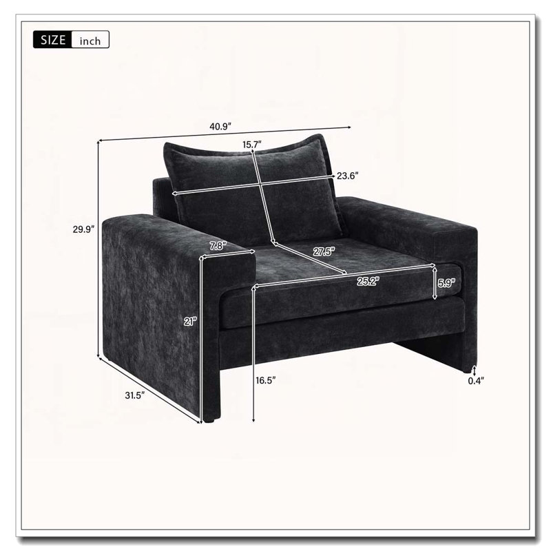 Fauteuil d'appoint en chenille de 40,9 po avec accoudoirs larges et coussin épais Chenille, Noir