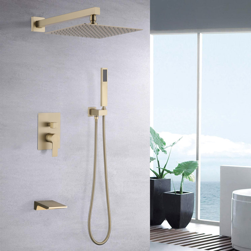 10Inch Rainfall Shower, Wall Mounted, Ceramic Disc, Balanced, Brushed Gold Seize 10" Shower Head System, Gold, Mounted