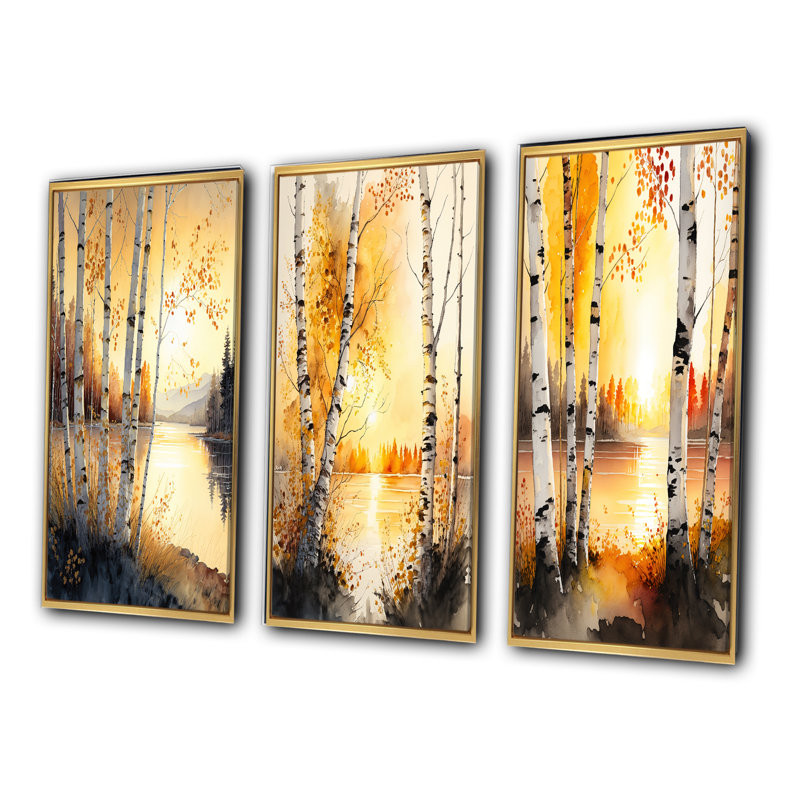 «Yellow Birches By The Lakeside», 3 pièces, Cadre flottant doré, H 20 po x l 36 po
