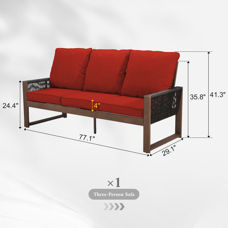 Canapé en bois tissé à accoudoirs pour 3 personnes avec coussins lavables amovibles (rouge et beige), Rouge
